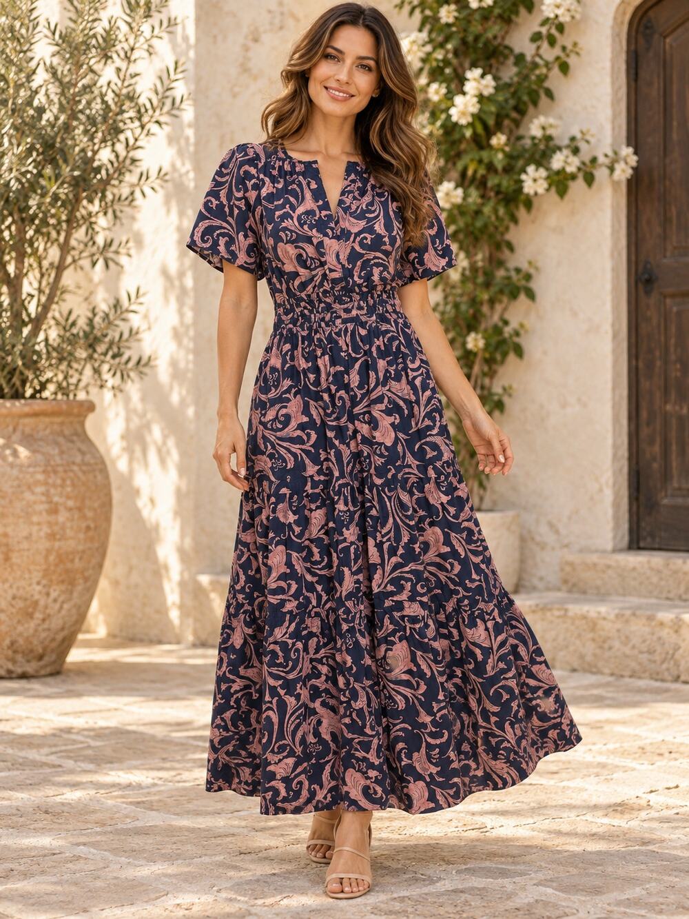 By Anthropologie "The Somerset" Maxi Dress Navy & Pink Paisley Size M